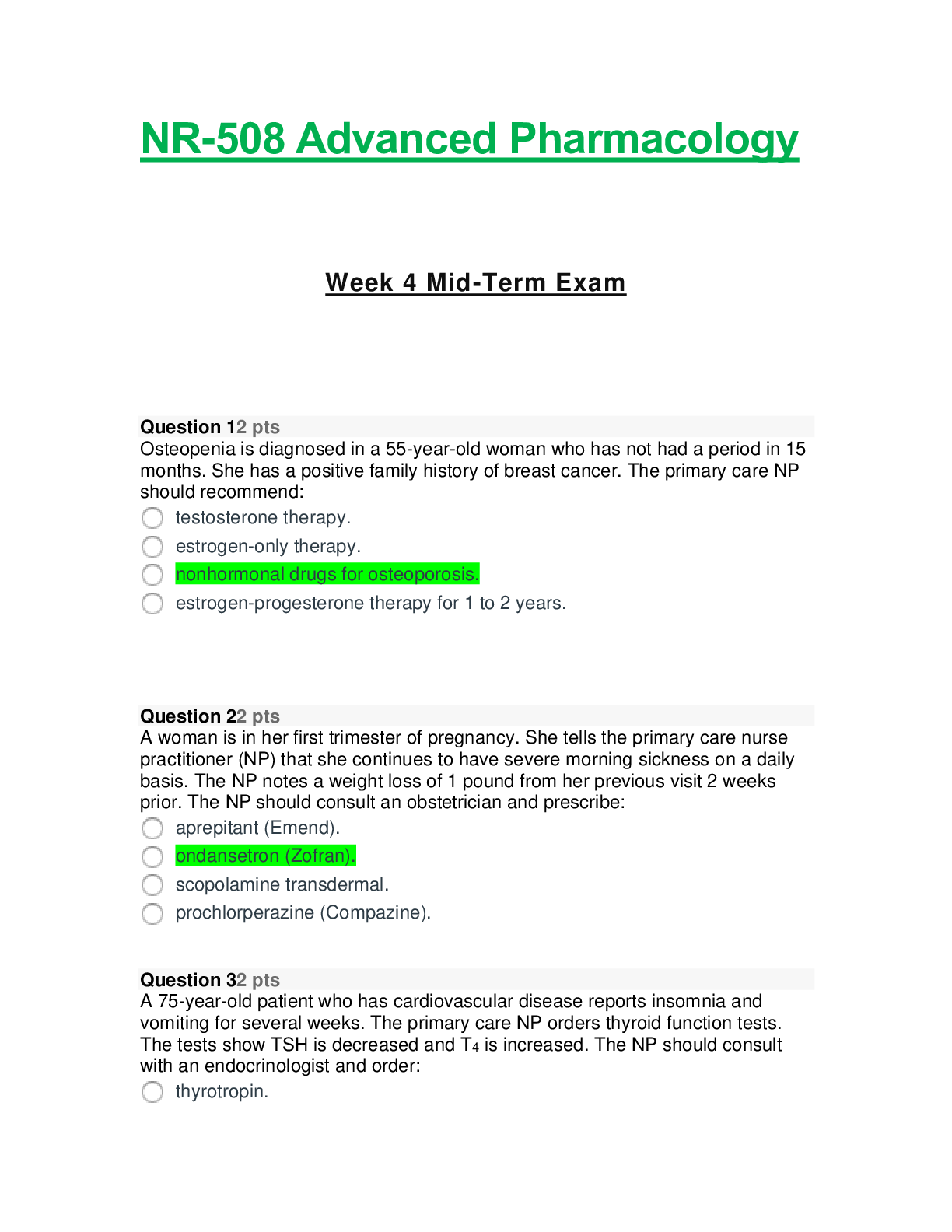 Preview of NR 508 / NR508: Advanced Pharmacology Midterm Exam Week 4 – Question and Answers GRADE A -
